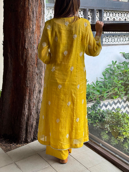 Yellow Tissue Silk Chikankari Straight Cut Kurta Dupatta Set