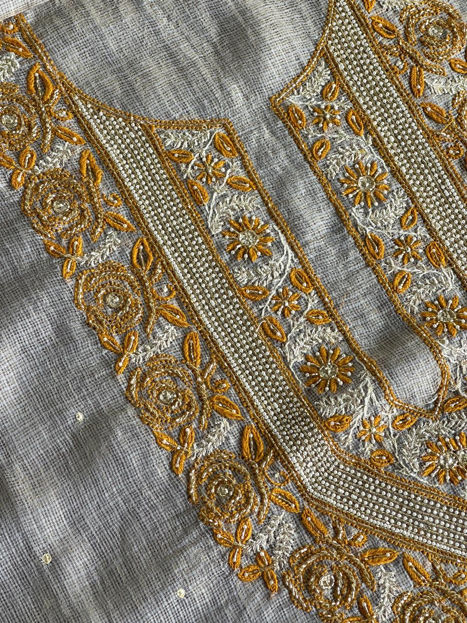 Grey & Mustard Shade Tissue Kota Chikankari Unstitched Fabric