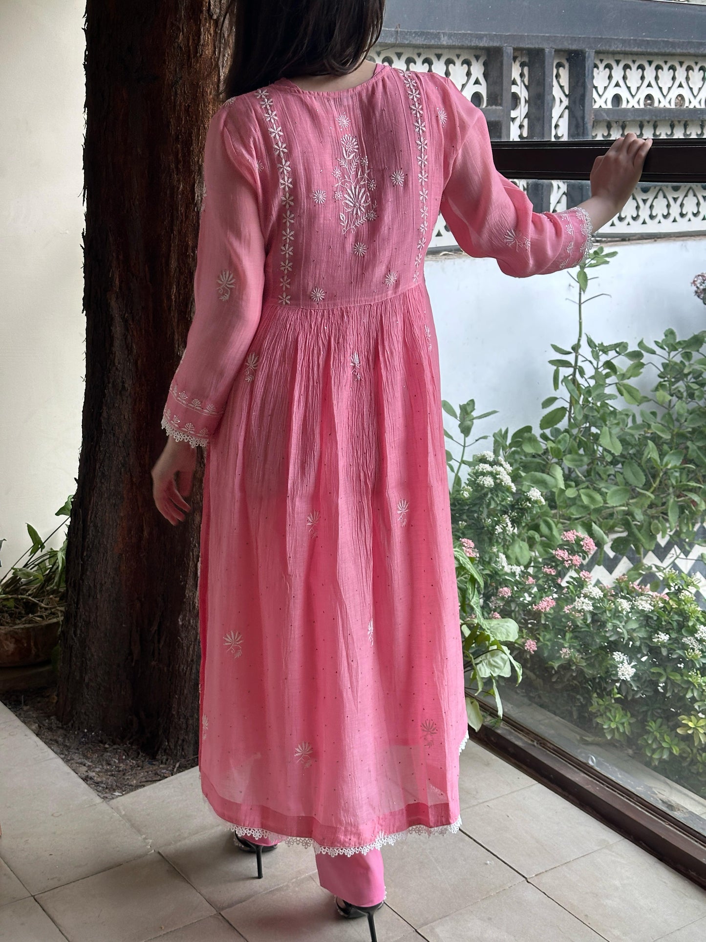Pink Shade Malmal Mukaish Kamdani Chikankari Kurta Set