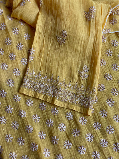 Yellow | Tissue Silk Chikankari Work Kurta Set