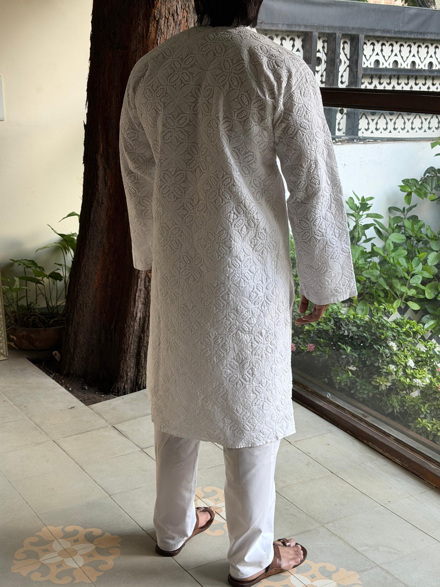 White Cotton Chikankari Men's Kurta