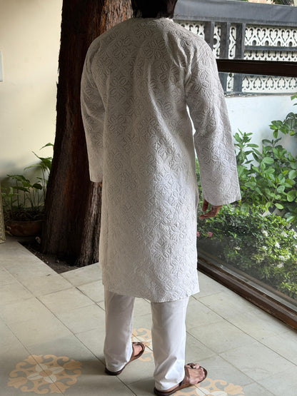 White Cotton Chikankari Men's Kurta