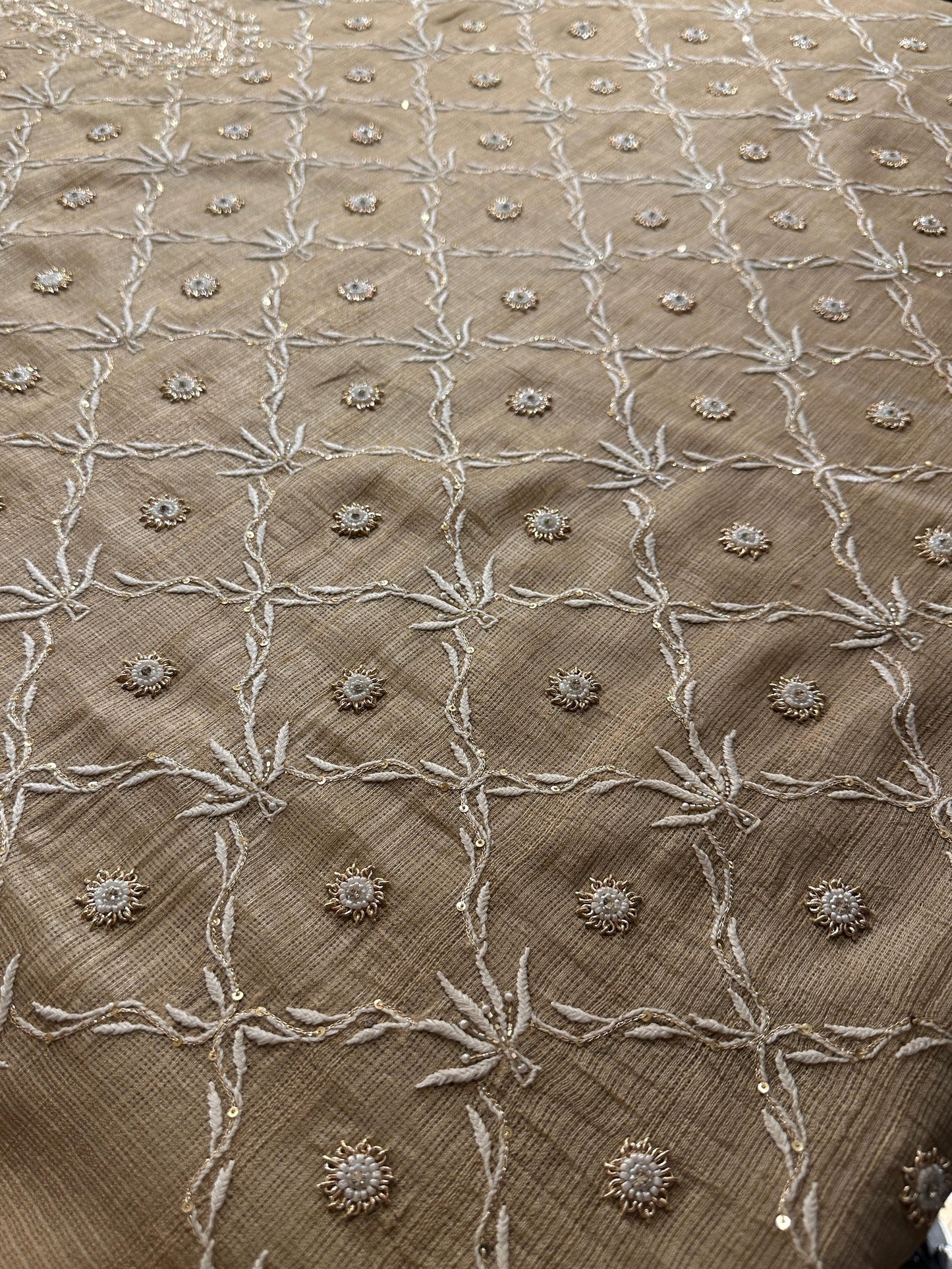 Beige Rasm Tussar Kota Chikankari Unstitched Chikankari Fabrics