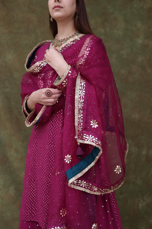 Mukaish Kamdani Plum shade Pure Georgette Kurta Gharara Set with Organza Dupatta