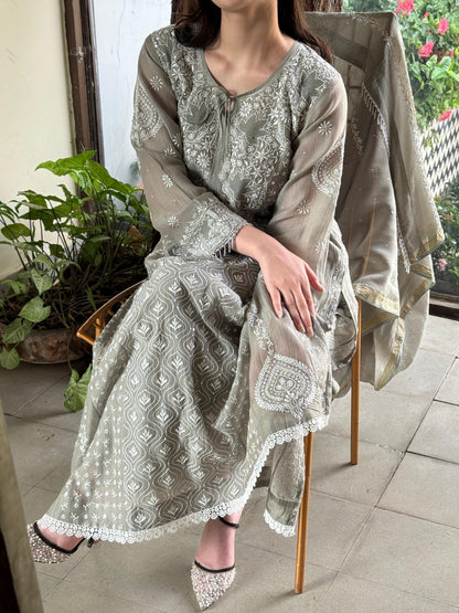 Slate Grey Shade Malmal Pearl Work Chikankari Anarkali