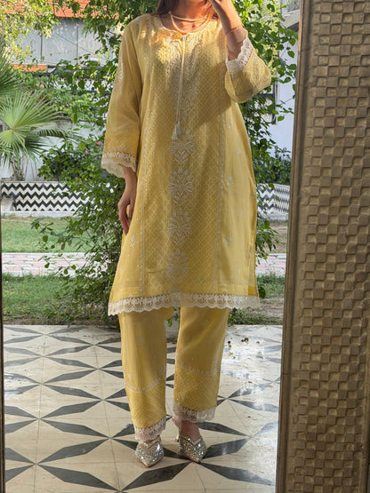 Yellow Shade Jacquard Loose Cut Chikankari Co-Ord Set