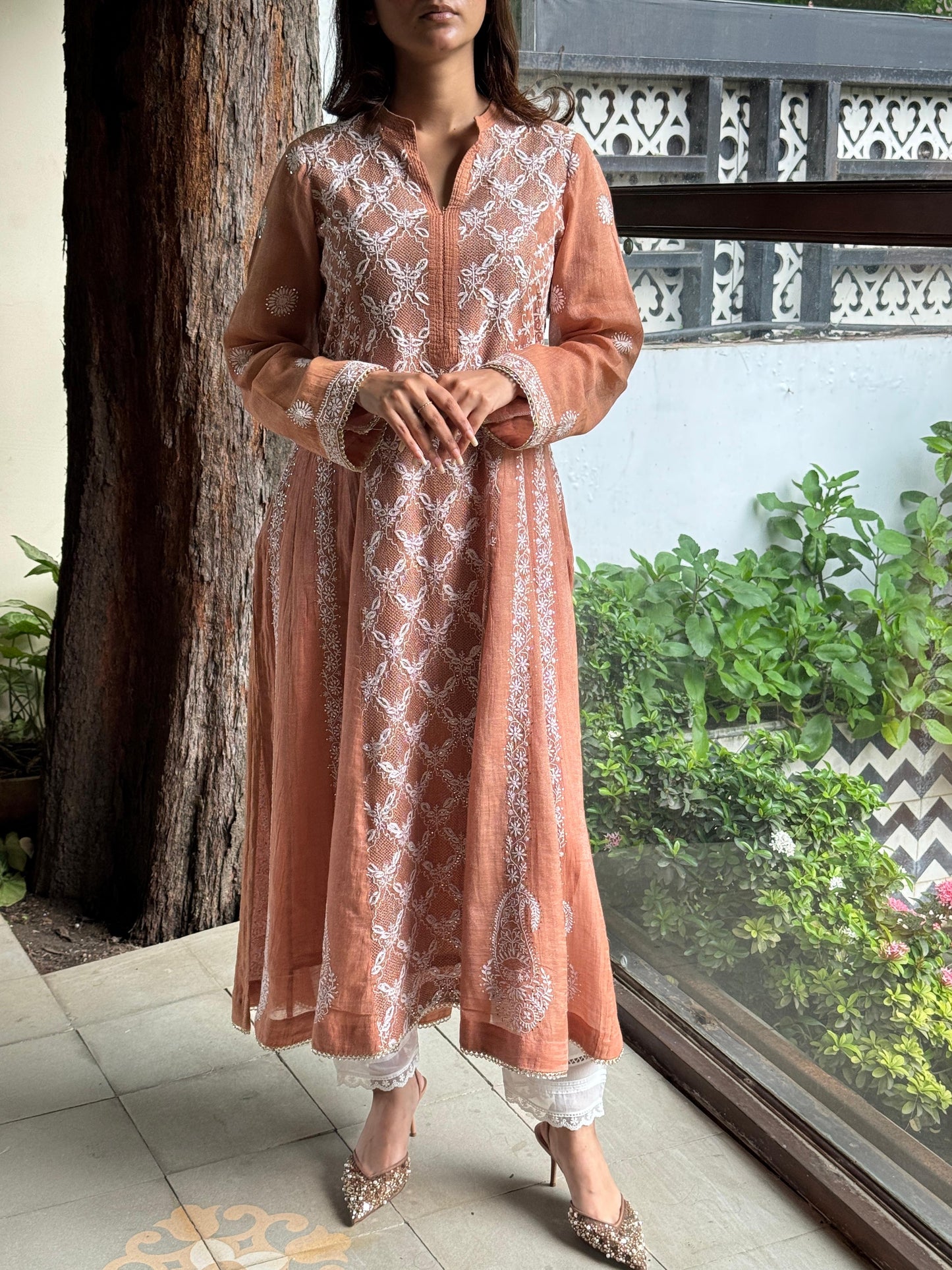 Coral Peach Shade Tissue Silk Chikankari Work Kalidar Kurta Dupatta Set