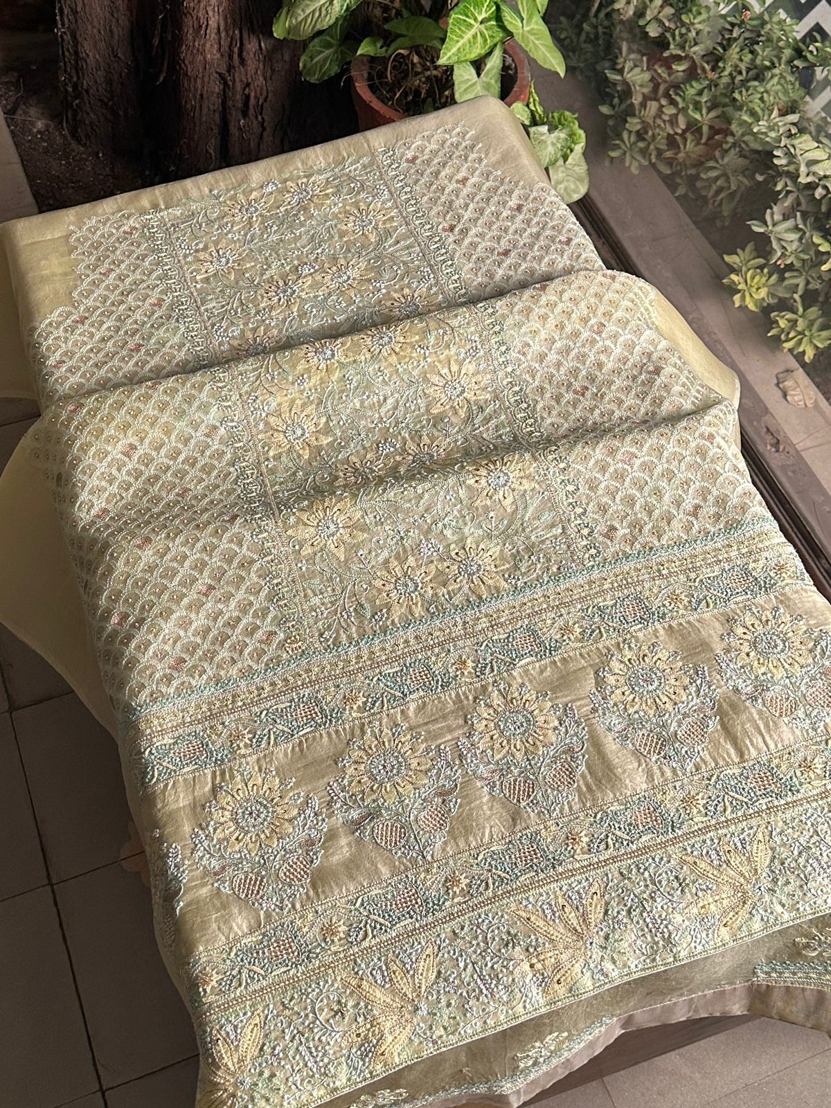 Lemon Shade Noor Banarasi Organza Chikankari Unstitched Fabric