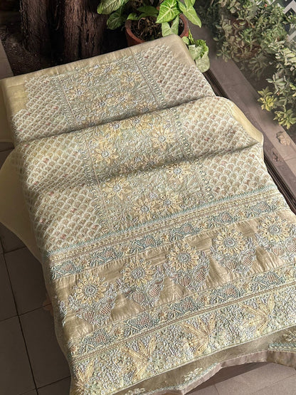 Lemon Shade Noor Banarasi Organza Chikankari Unstitched Fabric