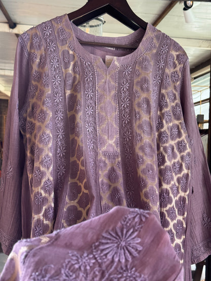 Purple Lavender Zari Chanderi Chikankari A Line Kurta with Slip
