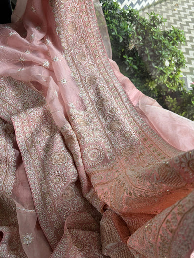 Soft Pink Heavy Organza Chikankari Saree With Blouse