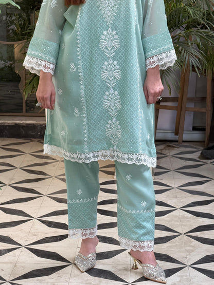 Sea green Jacquard Loose Cut Chikankari Co-Ord Set