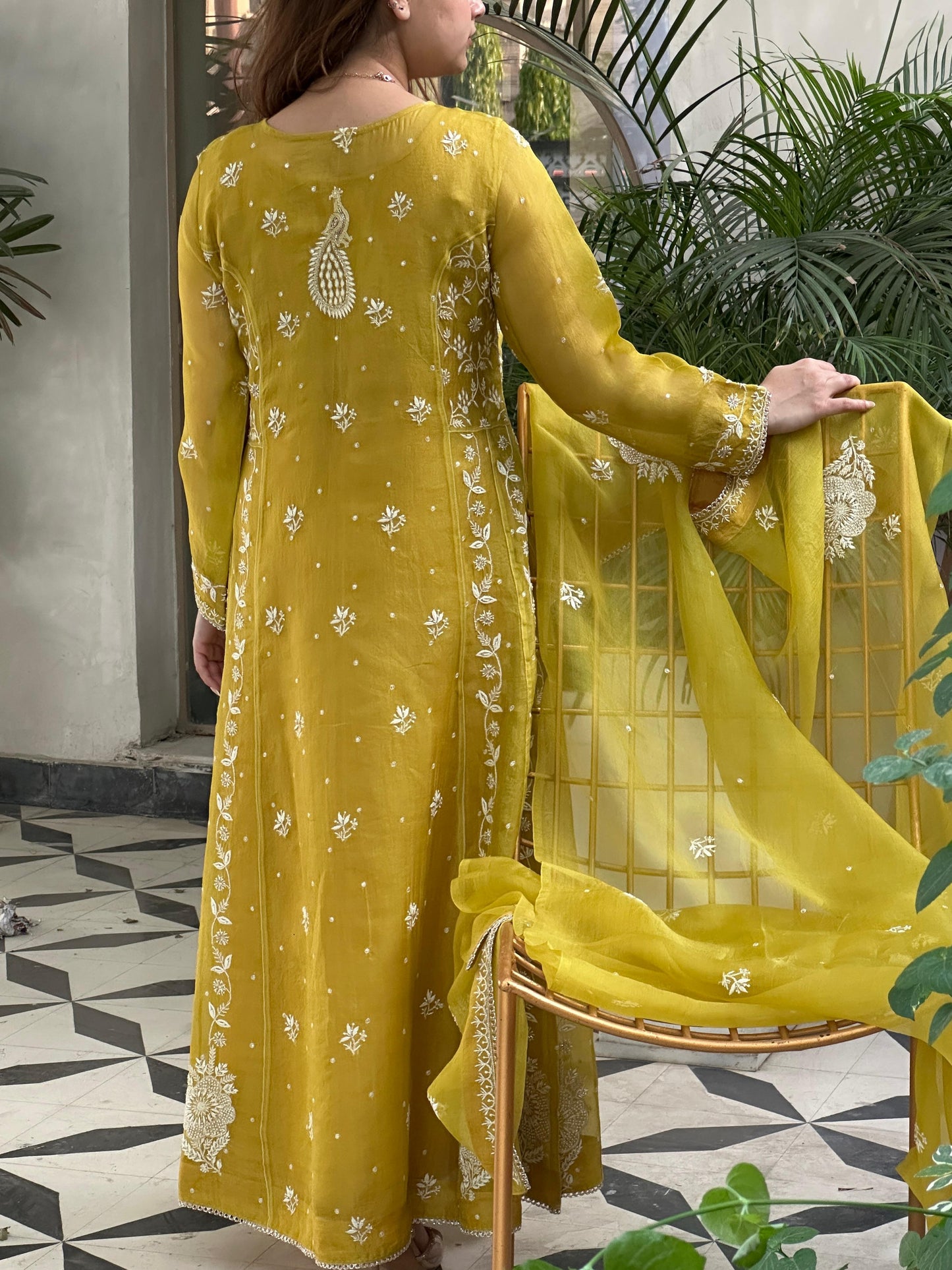 Yellow Noor Organza Chikankari Anarkali Kurta With Dupatta