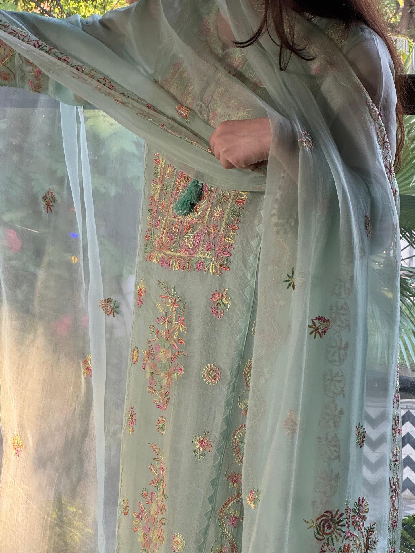 Mint Blue Multi Coloured Noor Organza Resham Chikankari Kurta Set