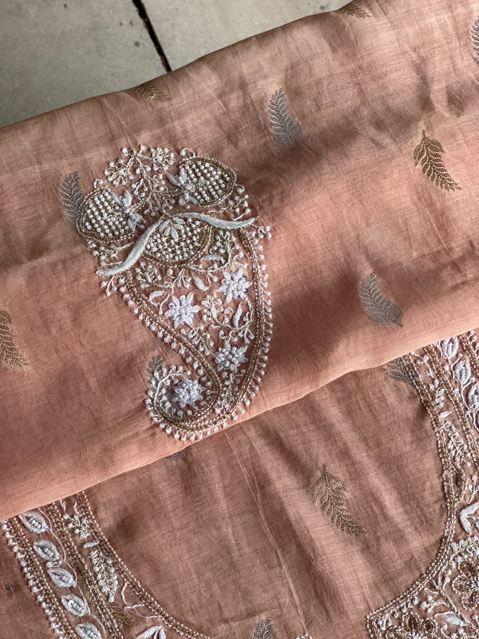 Almond Peach Shade Banarasi Zari Chanderi Unstitched Chikankari Fabric