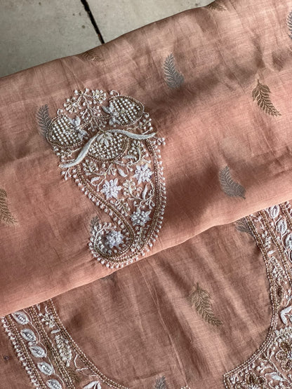 Almond Peach Shade Banarasi Zari Chanderi Unstitched Chikankari Fabric