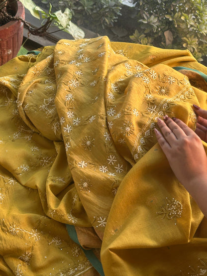 Mustard Yellow Shade Chanderi Chikankari Saree