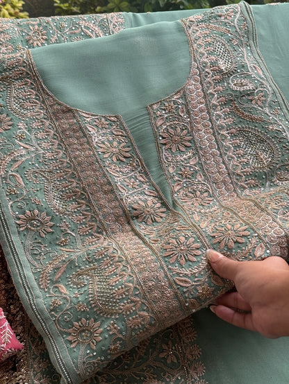 Green Superfine Pure Georgette Chikankari Kurta Set