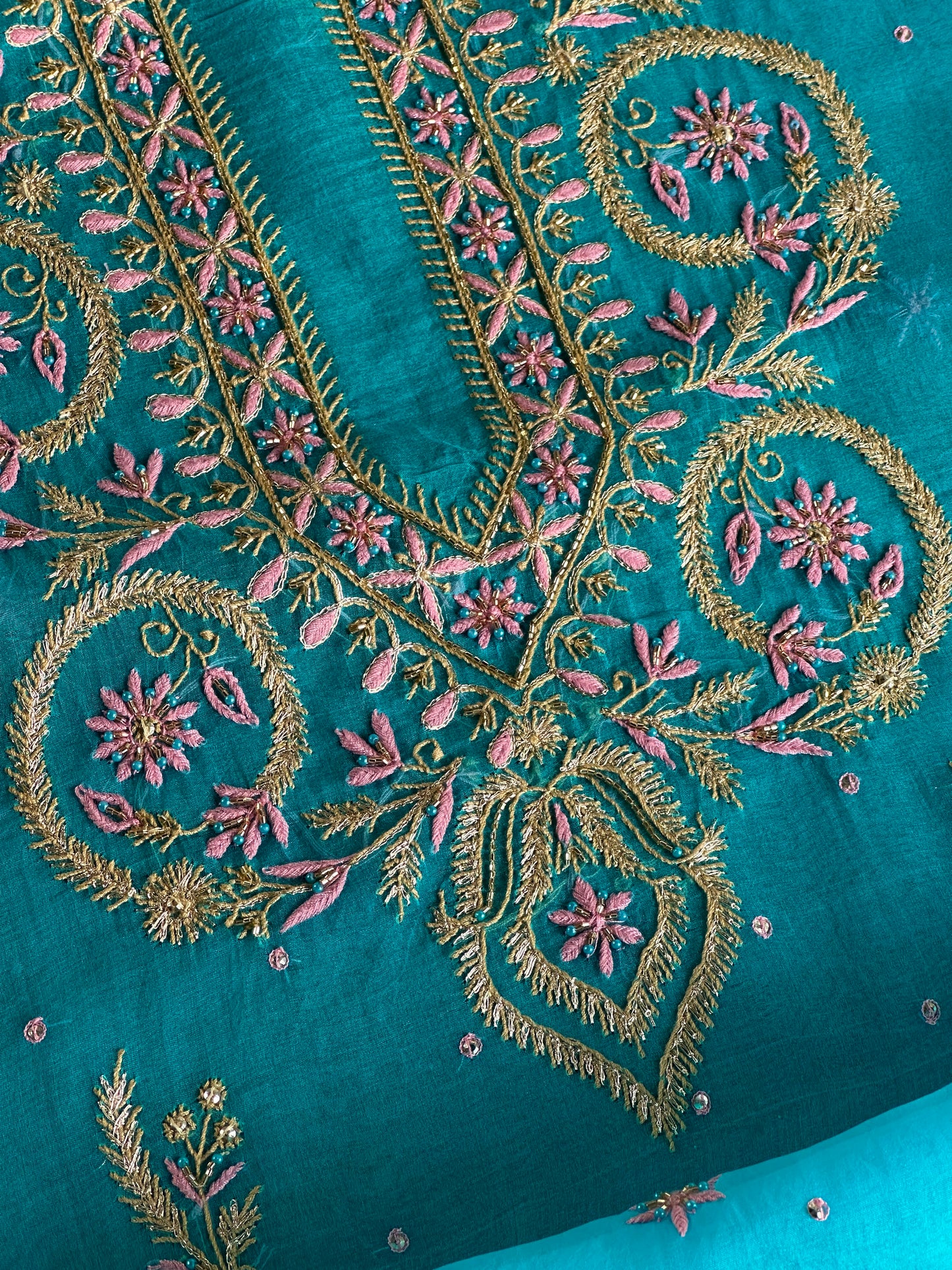 Peacock Blue Organza Banarasi Silk Chikankari Unstitched Kurta Dupatta Set