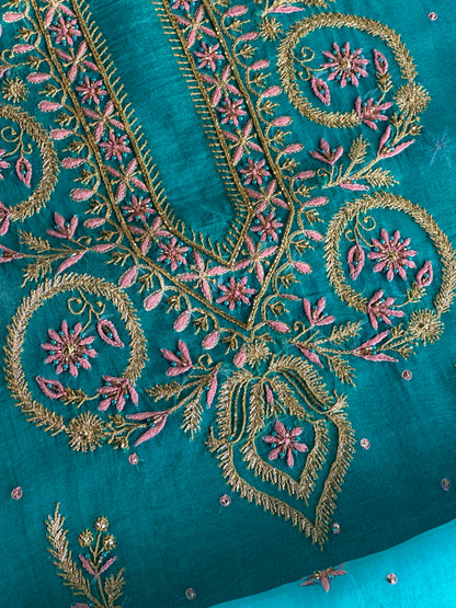 Peacock Blue Organza Banarasi Silk Chikankari Unstitched Kurta Dupatta Set