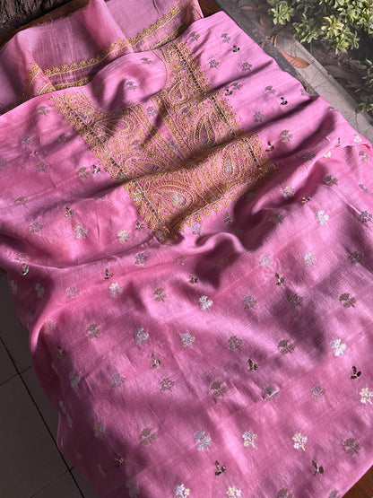 Pink Shade Zari Booti Fine Chikankari With Kamdani Work Unstitched Fabric
