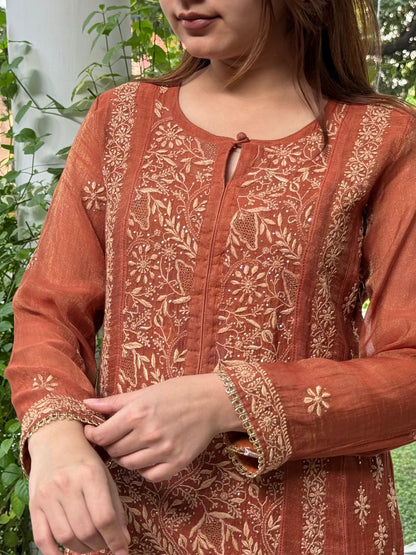 Rust Orange Tissue Silk Chikankari Straight Cut Kurta Dupatta Set