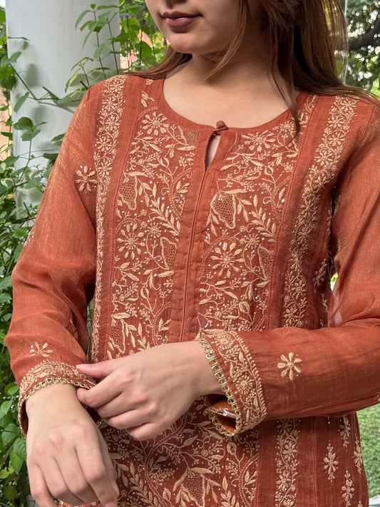 Rust Orange Tissue Silk Chikankari Straight Cut Kurta Dupatta Set