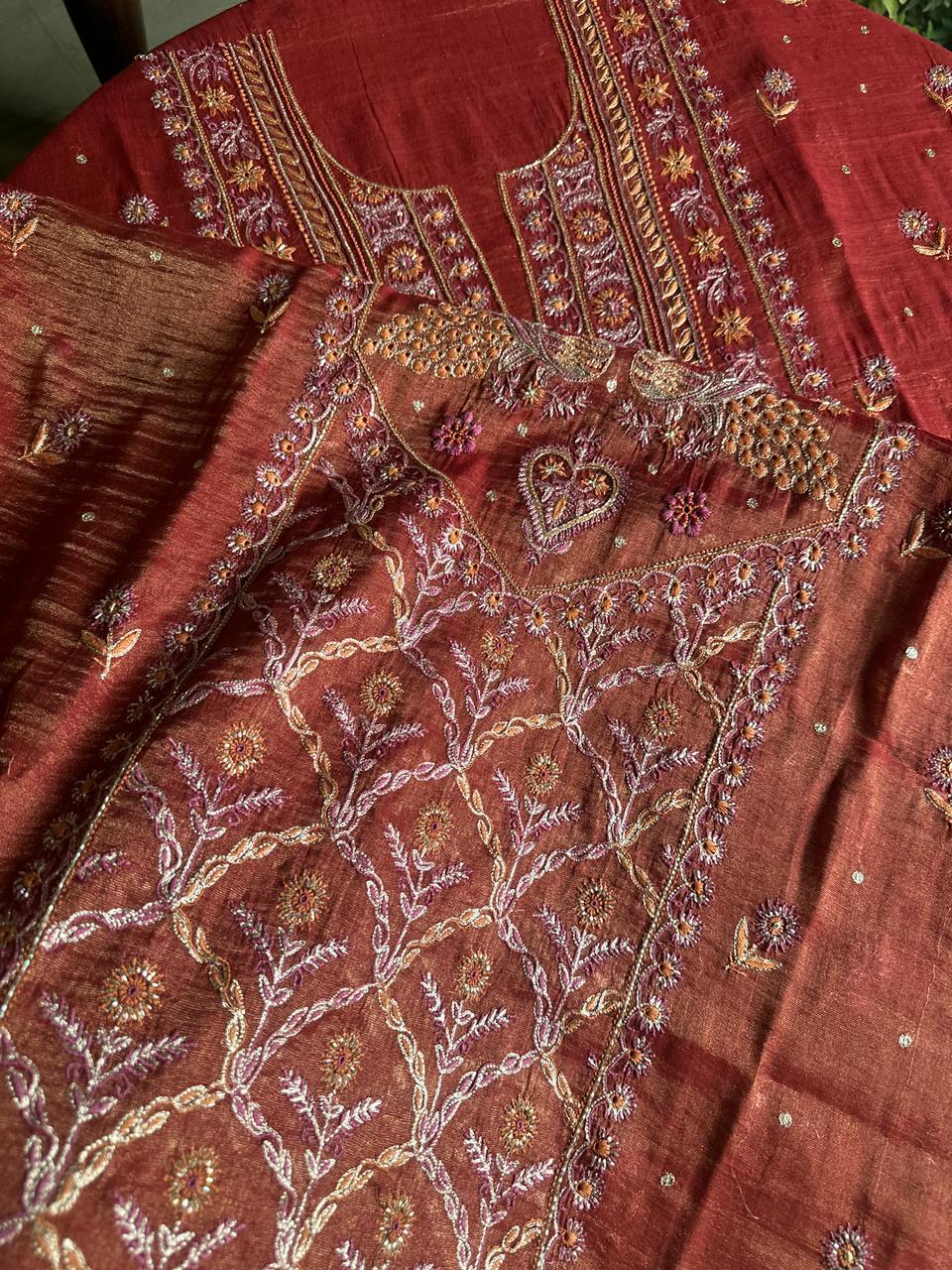 Red Tissue Silk Chikankari Unstitched Fabrics