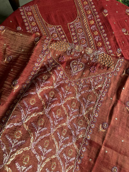 Red Tissue Silk Chikankari Unstitched Fabrics