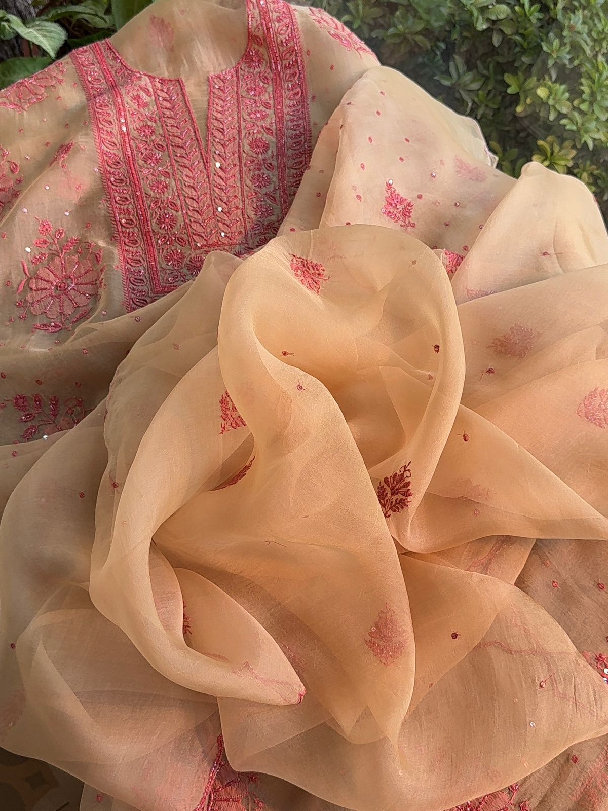 Beige Red Noor Organza Silk Chikankari Unstitched Kurta Dupatta Set