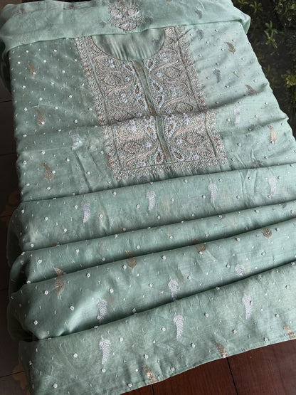 Mint Green Shade Banarasi Zari Chanderi Unstitched Chikankari Fabric