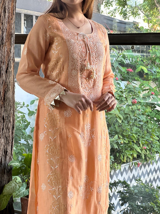 Persian Orange Daraz Applique Chikankari Mukaish Kurta Dupatta Set