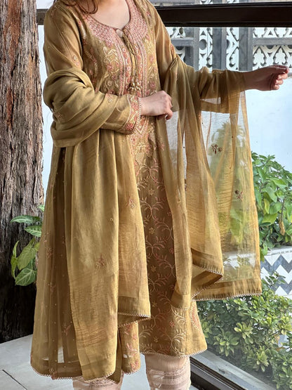 Mustard Shade Tissue Silk Chikankari Anarkali With Ari Work