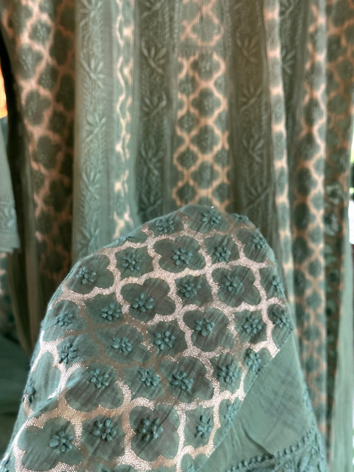 Green Zari Chanderi Chikankari A Line Kurta with Slip