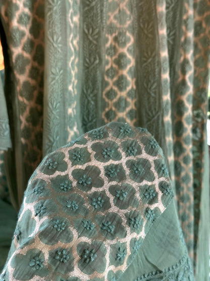 Green Zari Chanderi Chikankari A Line Kurta with Slip