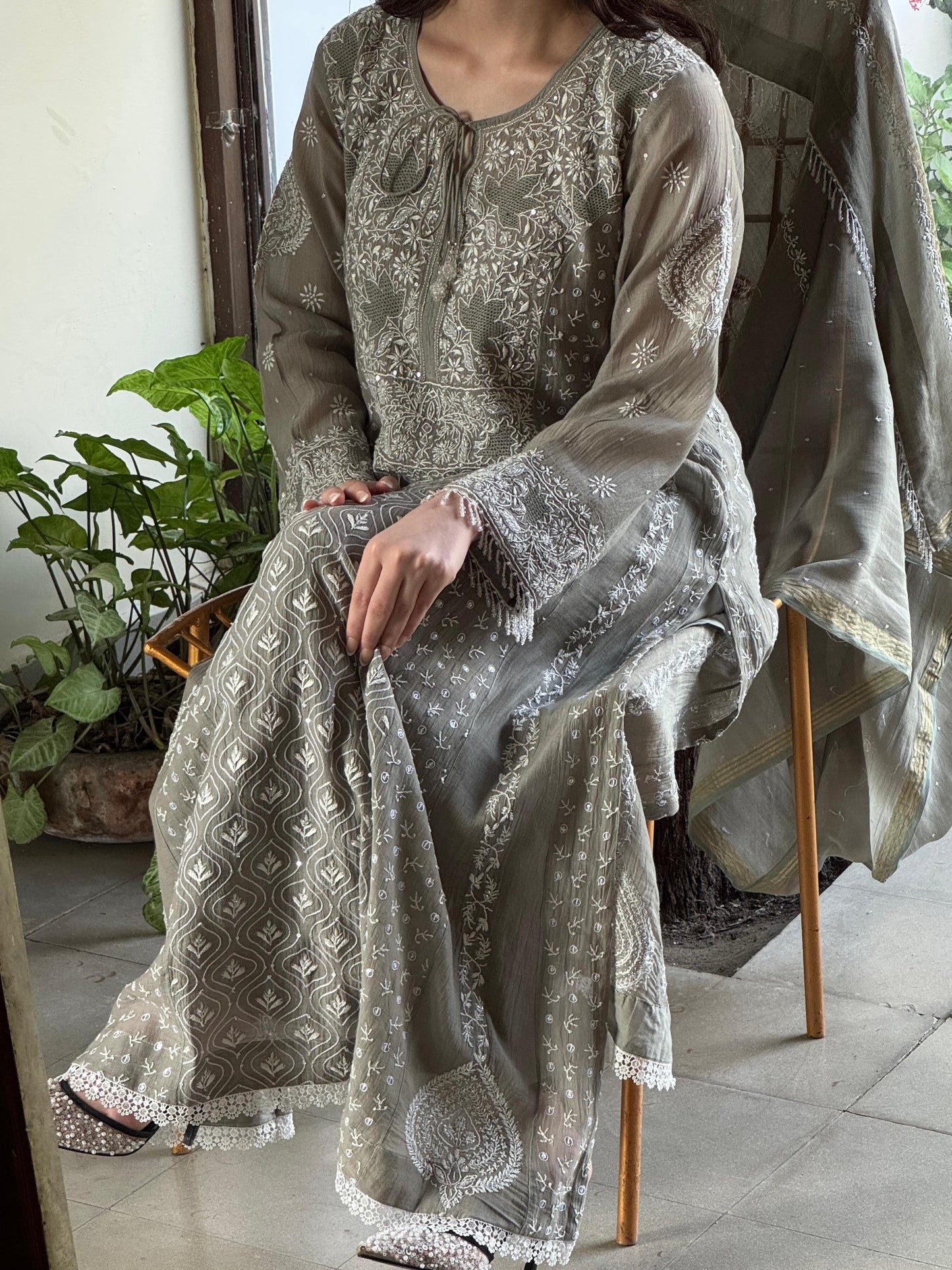Slate Grey Shade Malmal Pearl Work Chikankari Anarkali