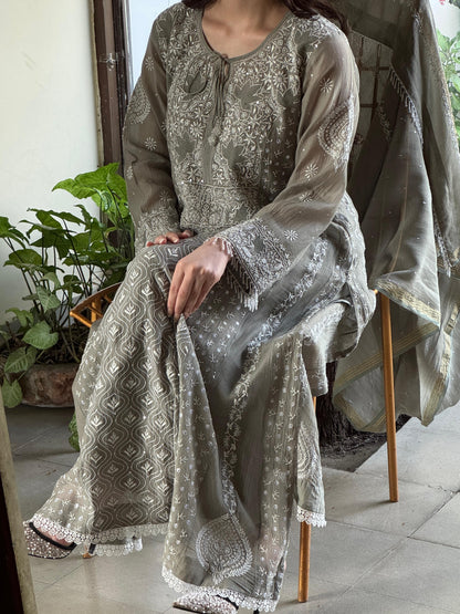 Slate Grey Shade Malmal Pearl Work Chikankari Anarkali