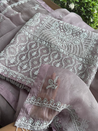 Old Lavender Shade Noor Banarasi Organza Chikankari Unstitched Fabric