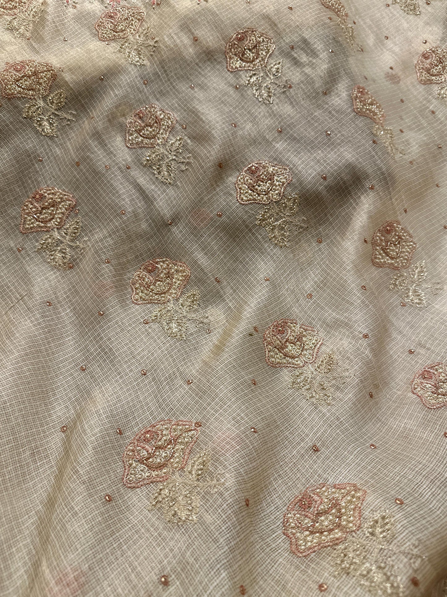Beige Peach Tissue Kota Chikankari Unstitched Fabric