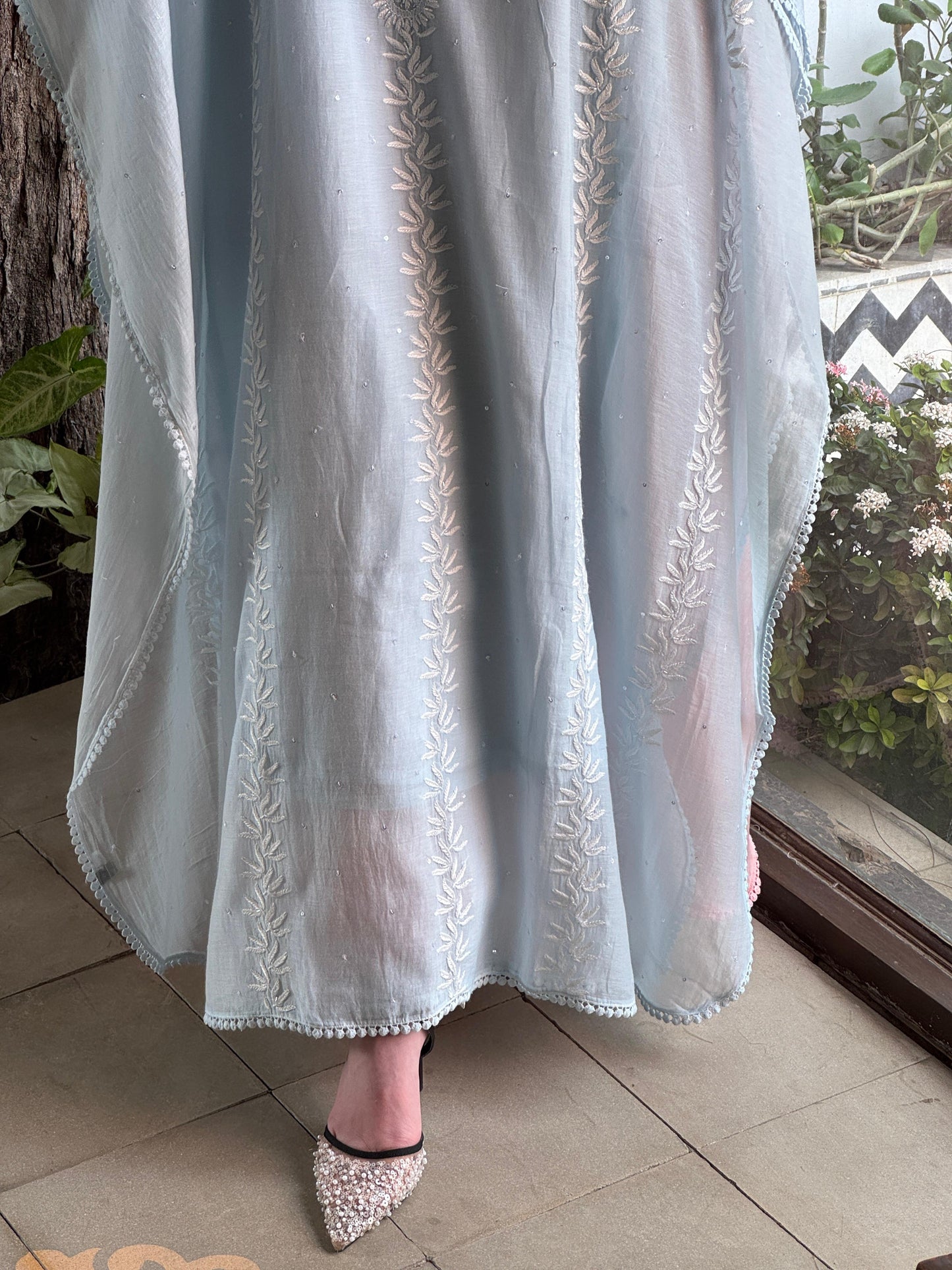 Powder Blue Malmal Sequinned Chikankari Kaftan