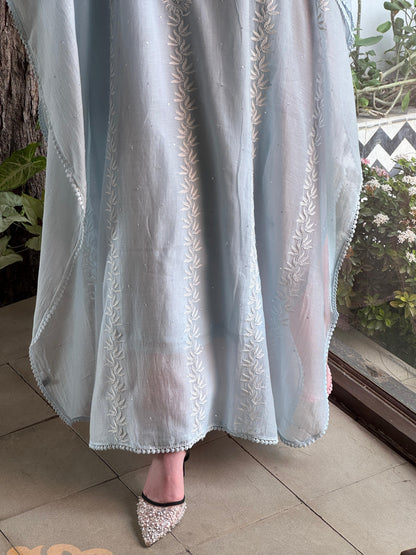Powder Blue Malmal Sequinned Chikankari Kaftan