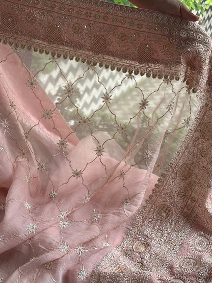 Soft Pink Heavy Organza Chikankari Saree With Blouse