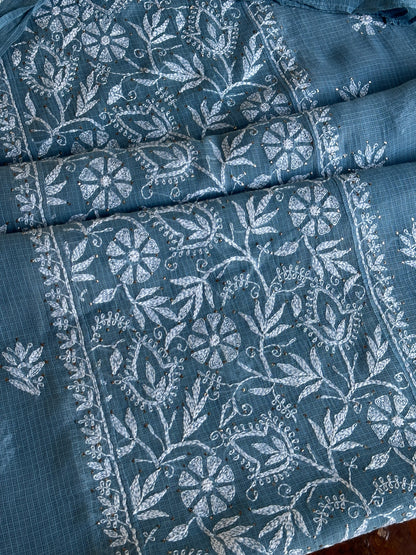 Blue Shade Semi Stitched Kota Tepchi Chikankari Kurta Dupatta Set