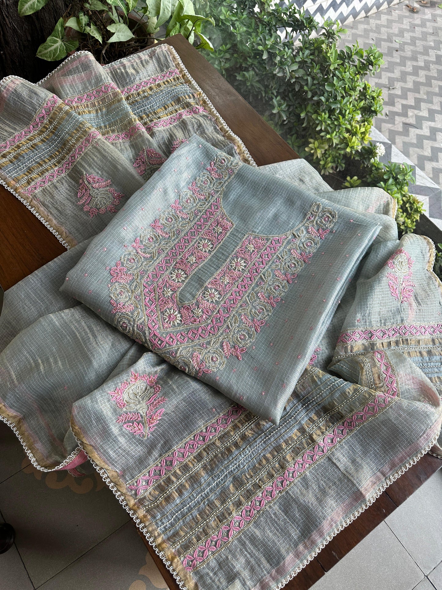 Smokey Grey Shade Tissue Kota Chikankari Unstitched Fabric