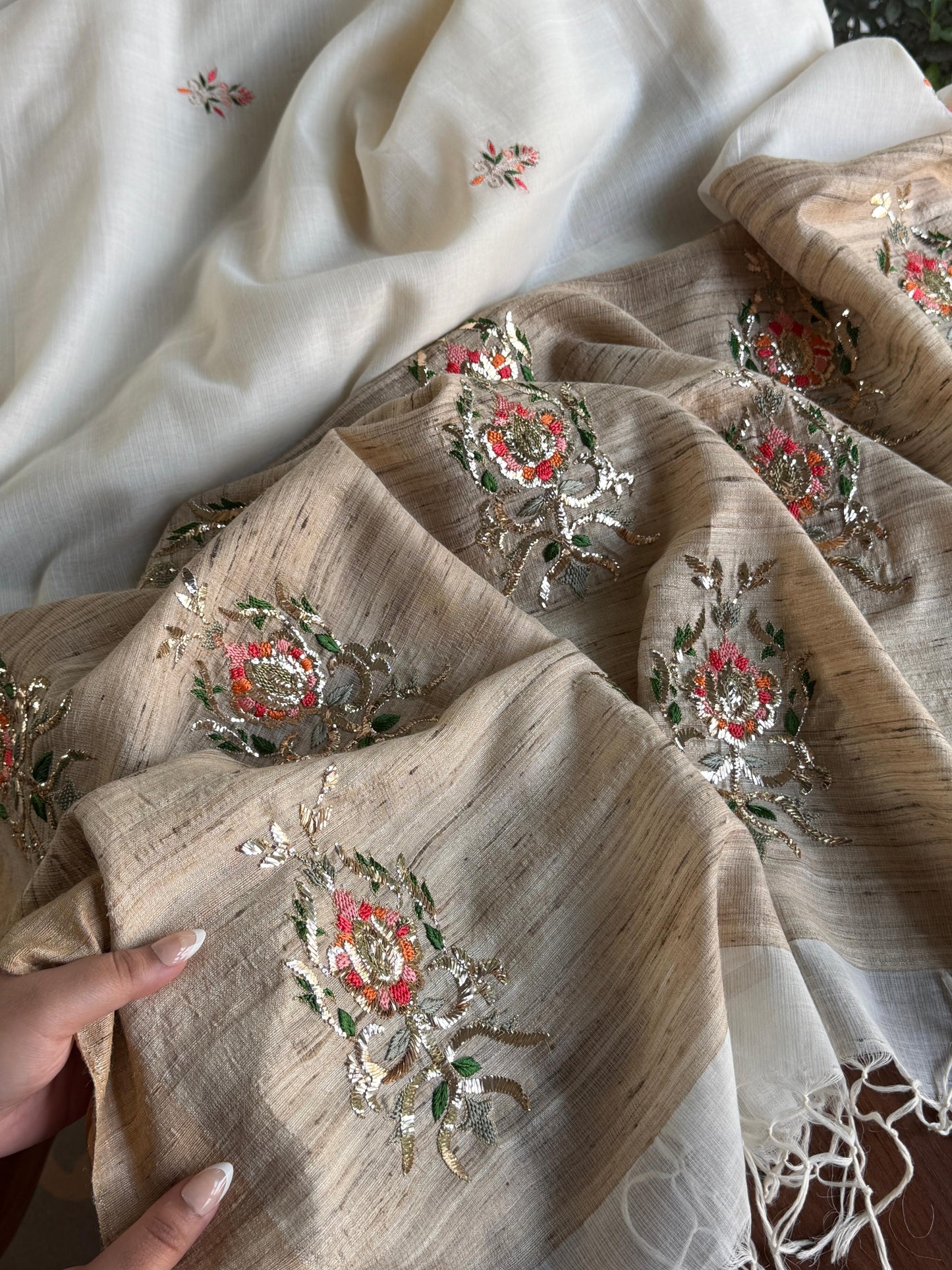 Off White Tussar Silk Gheecha Palla Kota Mukaish Resham Saree