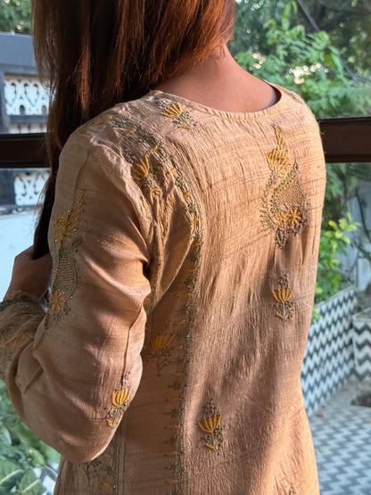 Basak Natural Tussar Silk Kalidar Chikankari Kurta Set