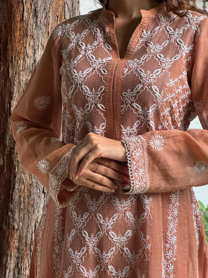 Coral Peach Shade Tissue Silk Chikankari Work Kalidar Kurta Dupatta Set