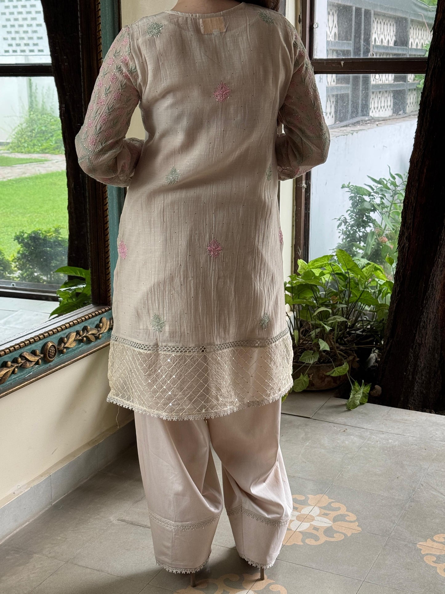 Nude Beige Shade Mul Chanderi Chikankari Farshi Sets