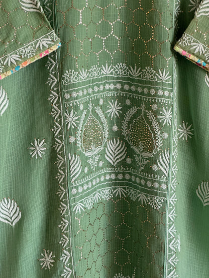 Green Shade Kota Applique Chikankari Kurta Dupatta Set