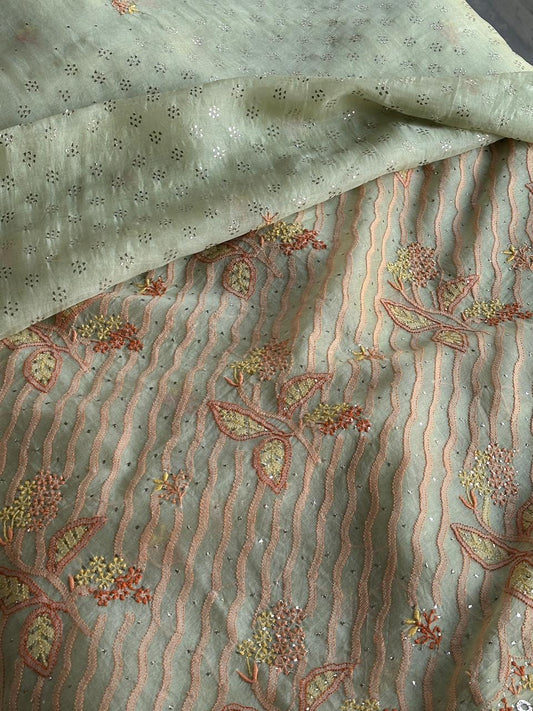 Pastel Green Noor Organza Silk Chikankari With Kamdani Fabrics